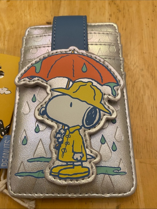 Loungefly Handbags - Loungefly Peanuts Snoopy Card ID Holder with Blue Strap - Snoopy Rain Design NWT